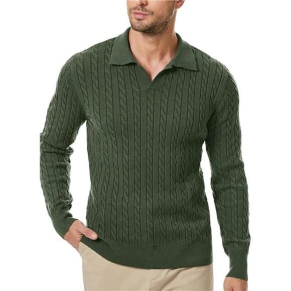 Men's Sweater V Neck Cable Knit Pullover Sweater Casual Long Sleeve Collared - Picture 1 of 6